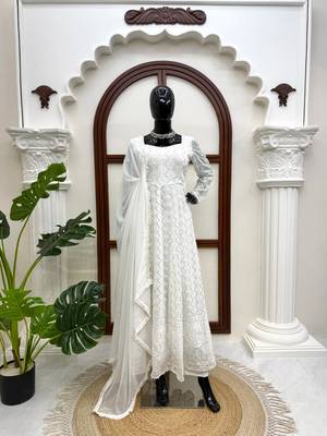 White faux georgette thread & sequin embroidered suit set 2