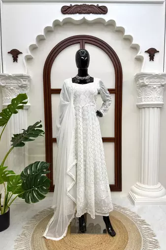 White faux georgette thread & sequin embroidered suit set