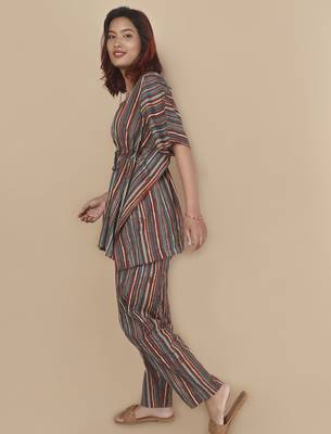 Aqua-blue stripe printed cotton kaftan co-ord set for women 2