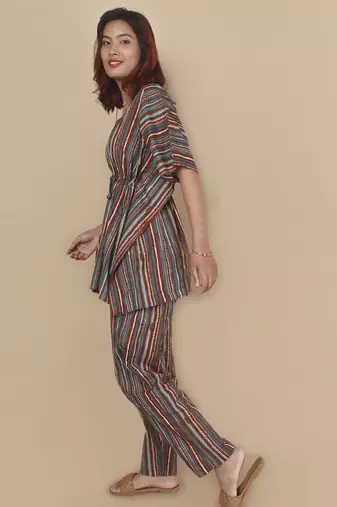 Aqua-blue stripe printed cotton kaftan co-ord set for women
