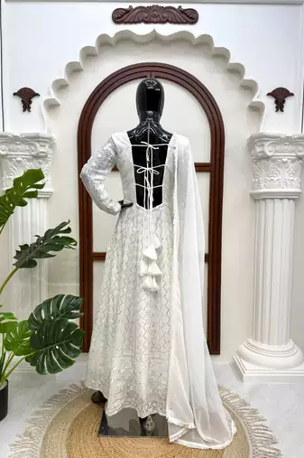 White faux georgette thread & sequin embroidered suit set