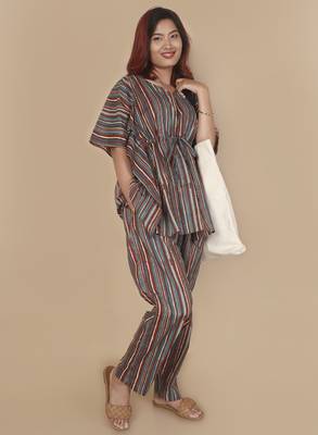 Aqua-blue stripe printed cotton kaftan co-ord set for women 3