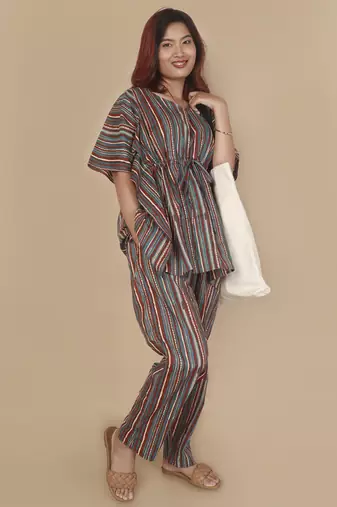 Aqua-blue stripe printed cotton kaftan co-ord set for women