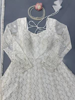 White faux georgette thread & sequin embroidered suit set 4