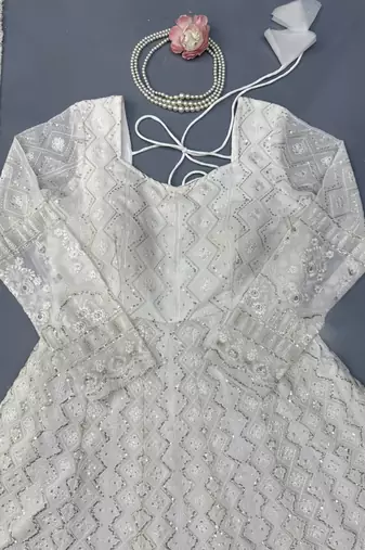White faux georgette thread & sequin embroidered suit set