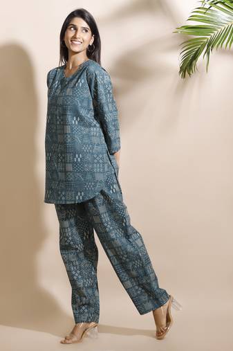 Green everyday wear cotton co-ord set for women