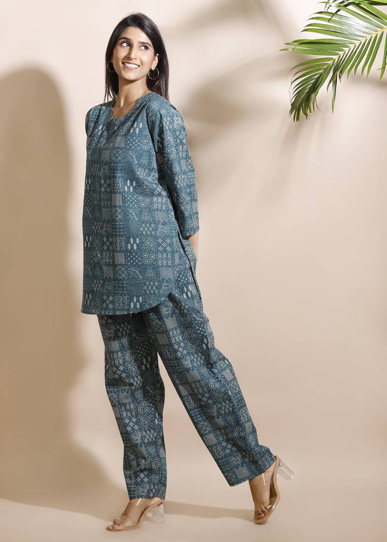 Green everyday wear cotton co-ord set for women