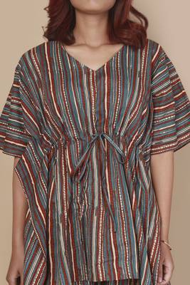 Aqua-blue stripe printed cotton kaftan co-ord set for women 4