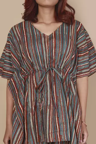 Aqua-blue stripe printed cotton kaftan co-ord set for women