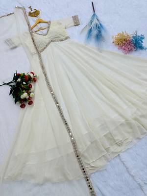 Ivory mirror work chikankari anarkali gown with dupatta 1