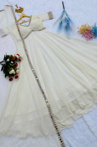 Ivory mirror work chikankari anarkali gown with dupatta