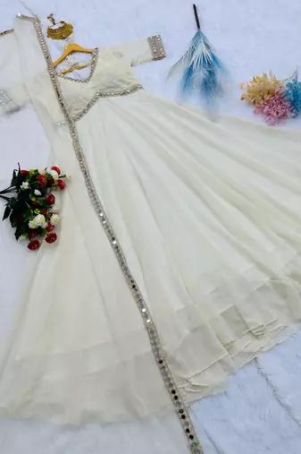 Ivory mirror work chikankari anarkali gown with dupatta