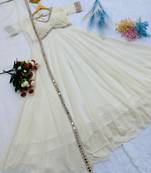 Ivory mirror work chikankari anarkali gown with dupatta
