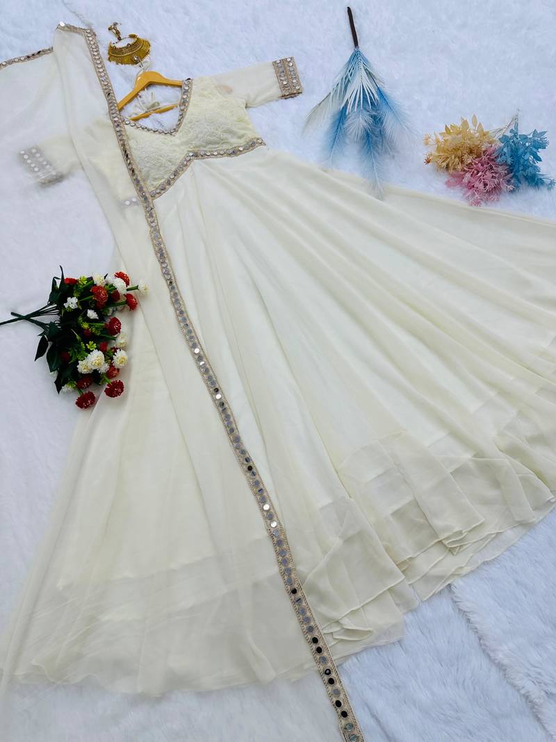 Ivory mirror work chikankari anarkali gown with dupatta