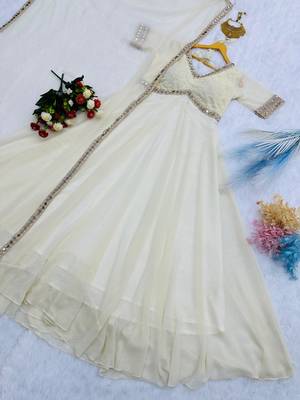 Ivory mirror work chikankari anarkali gown with dupatta 2
