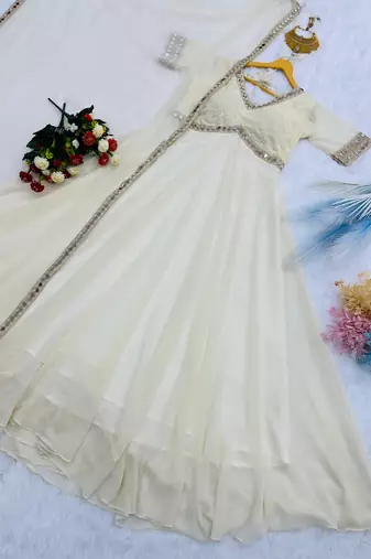 Ivory mirror work chikankari anarkali gown with dupatta