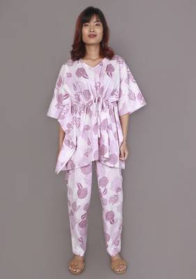 Pink motif printed cotton kaftan co-ord set for women 1