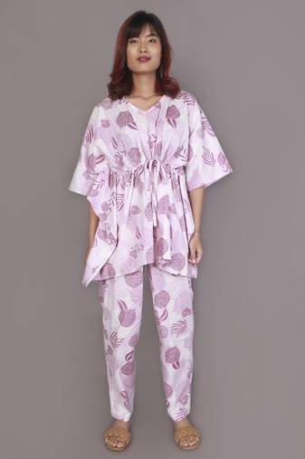 Pink motif printed cotton kaftan co-ord set for women