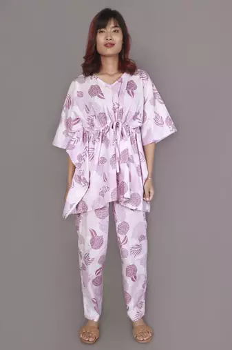 Pink motif printed cotton kaftan co-ord set for women