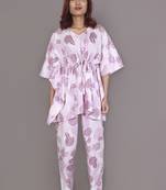 Pink motif printed cotton kaftan co-ord set for women