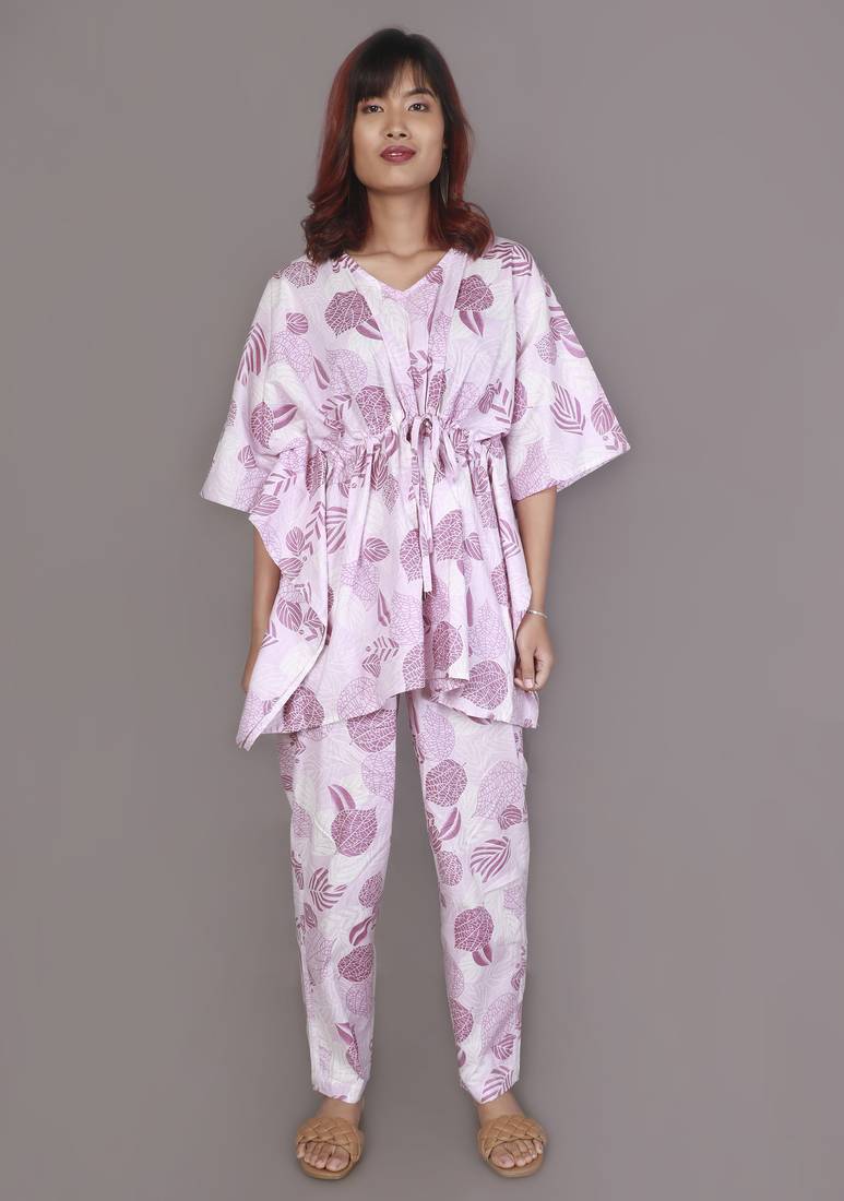 Pink motif printed cotton kaftan co-ord set for women