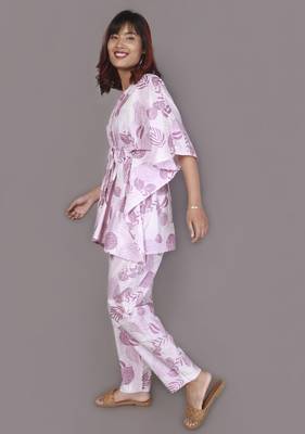 Pink motif printed cotton kaftan co-ord set for women 2
