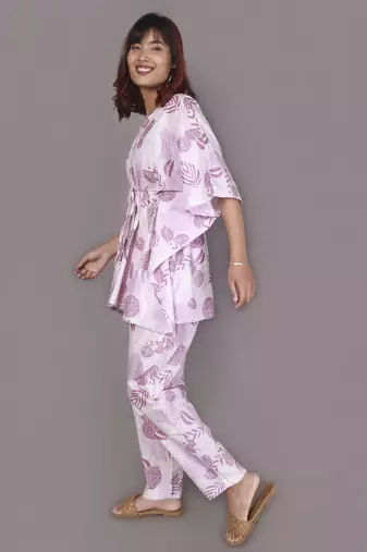Pink motif printed cotton kaftan co-ord set for women