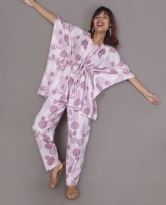 Pink motif printed cotton kaftan co-ord set for women 3
