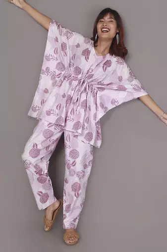 Pink motif printed cotton kaftan co-ord set for women