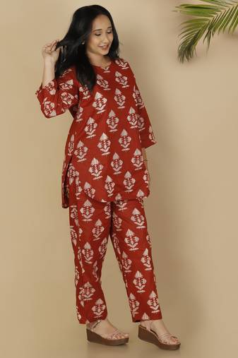 Red everyday wear cotton co-ord set for women
