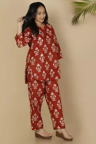 Red everyday wear cotton co-ord set for women