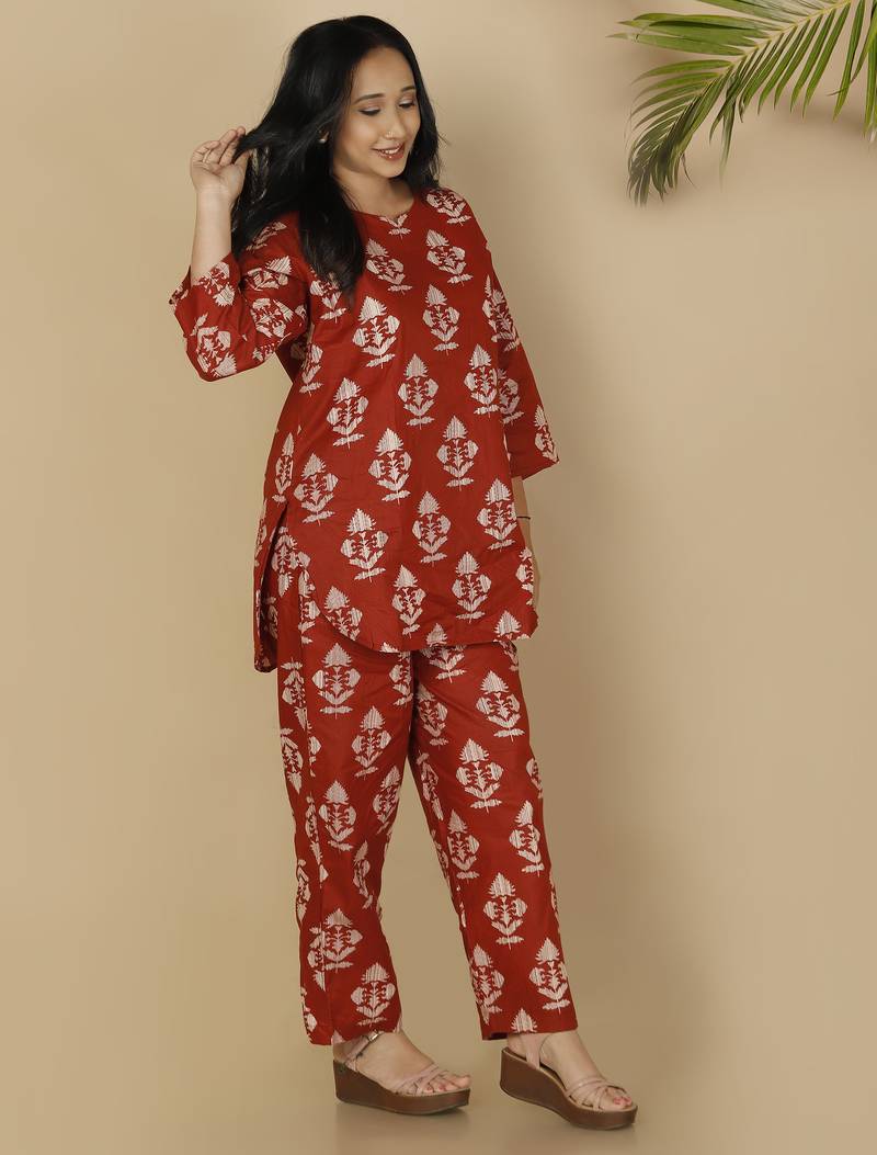 Red everyday wear cotton co-ord set for women