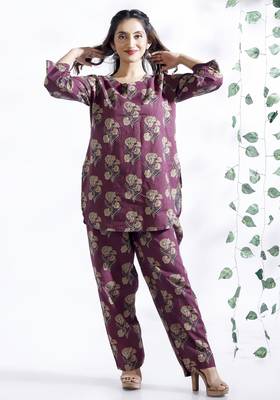 Wine everyday wear cotton co-ord set for women 1