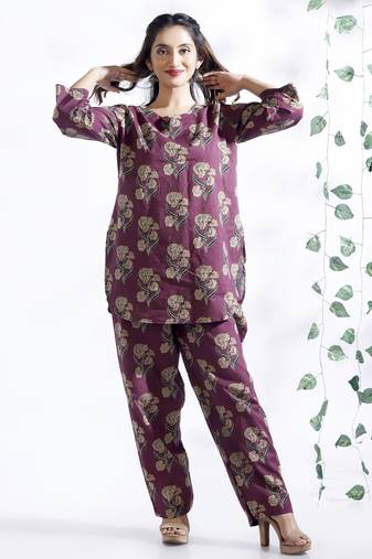 Wine everyday wear cotton co-ord set for women