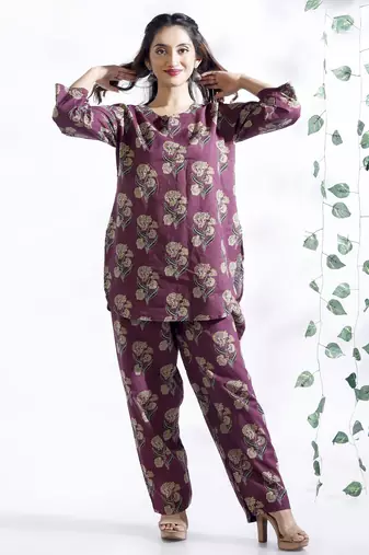 Wine everyday wear cotton co-ord set for women