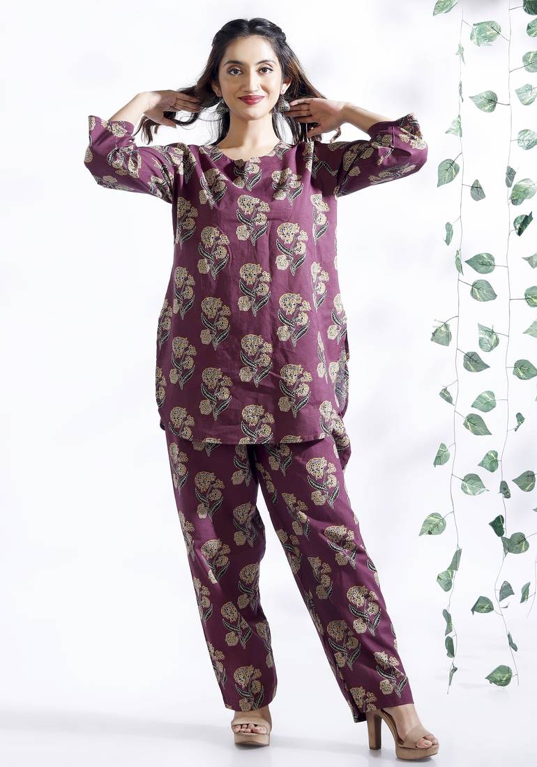Wine everyday wear cotton co-ord set for women