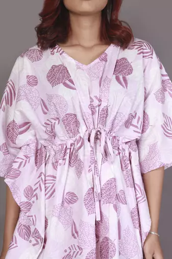 Pink motif printed cotton kaftan co-ord set for women