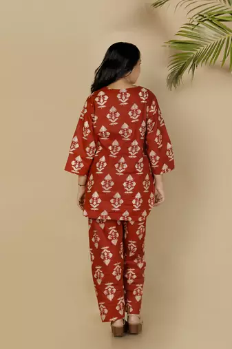Red everyday wear cotton co-ord set for women