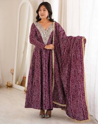 Purple rayon mirror embroidered gown set with dupatta 1