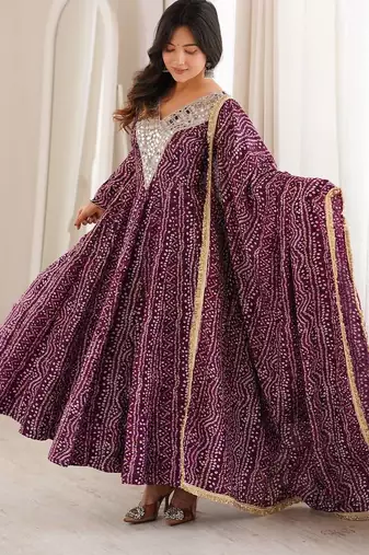 Purple rayon mirror embroidered gown set with dupatta