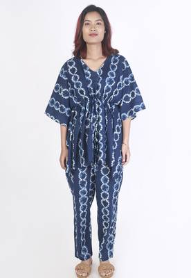Blue abstract printed cotton kaftan co-ord set for women 1