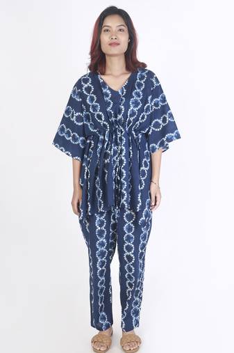 Blue abstract printed cotton kaftan co-ord set for women