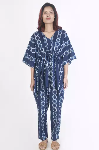 Blue abstract printed cotton kaftan co-ord set for women