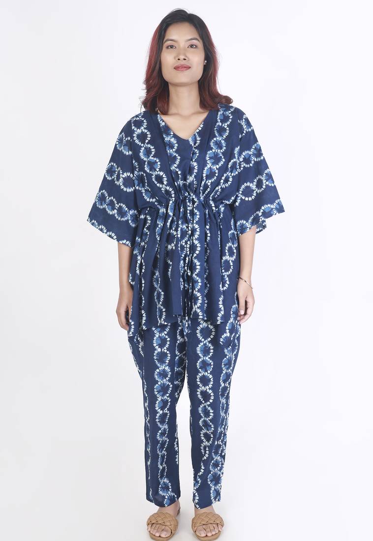 Blue abstract printed cotton kaftan co-ord set for women