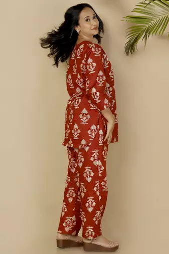 Red everyday wear cotton co-ord set for women