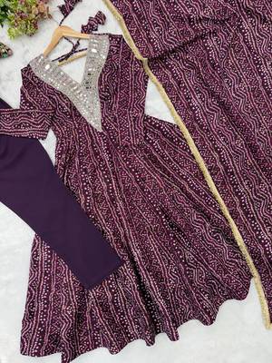 Purple rayon mirror embroidered gown set with dupatta 4