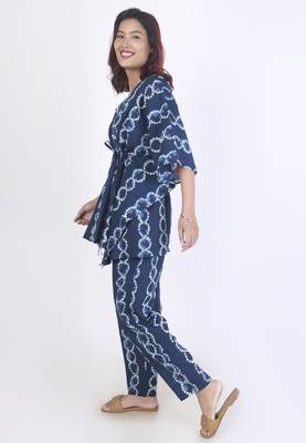 Blue abstract printed cotton kaftan co-ord set for women 2