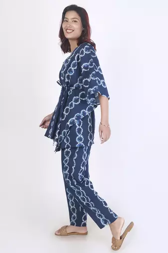 Blue abstract printed cotton kaftan co-ord set for women