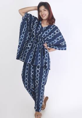 Blue abstract printed cotton kaftan co-ord set for women 3