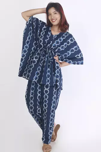 Blue abstract printed cotton kaftan co-ord set for women